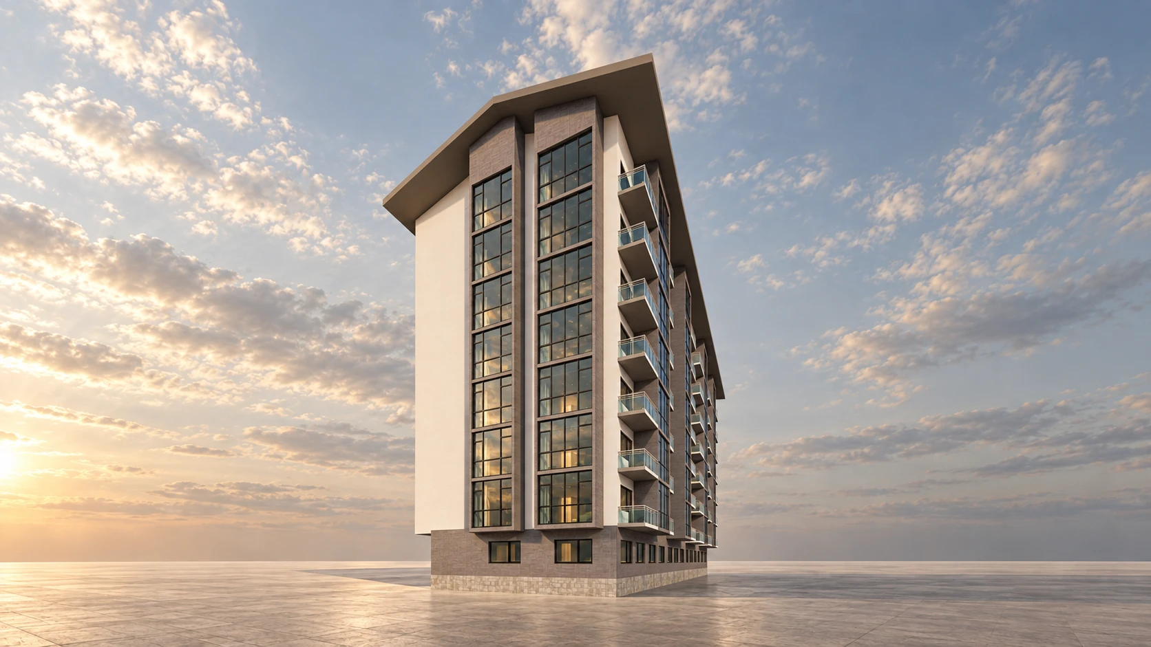 Option 01, end view: a continuous roofline and vertical glazing