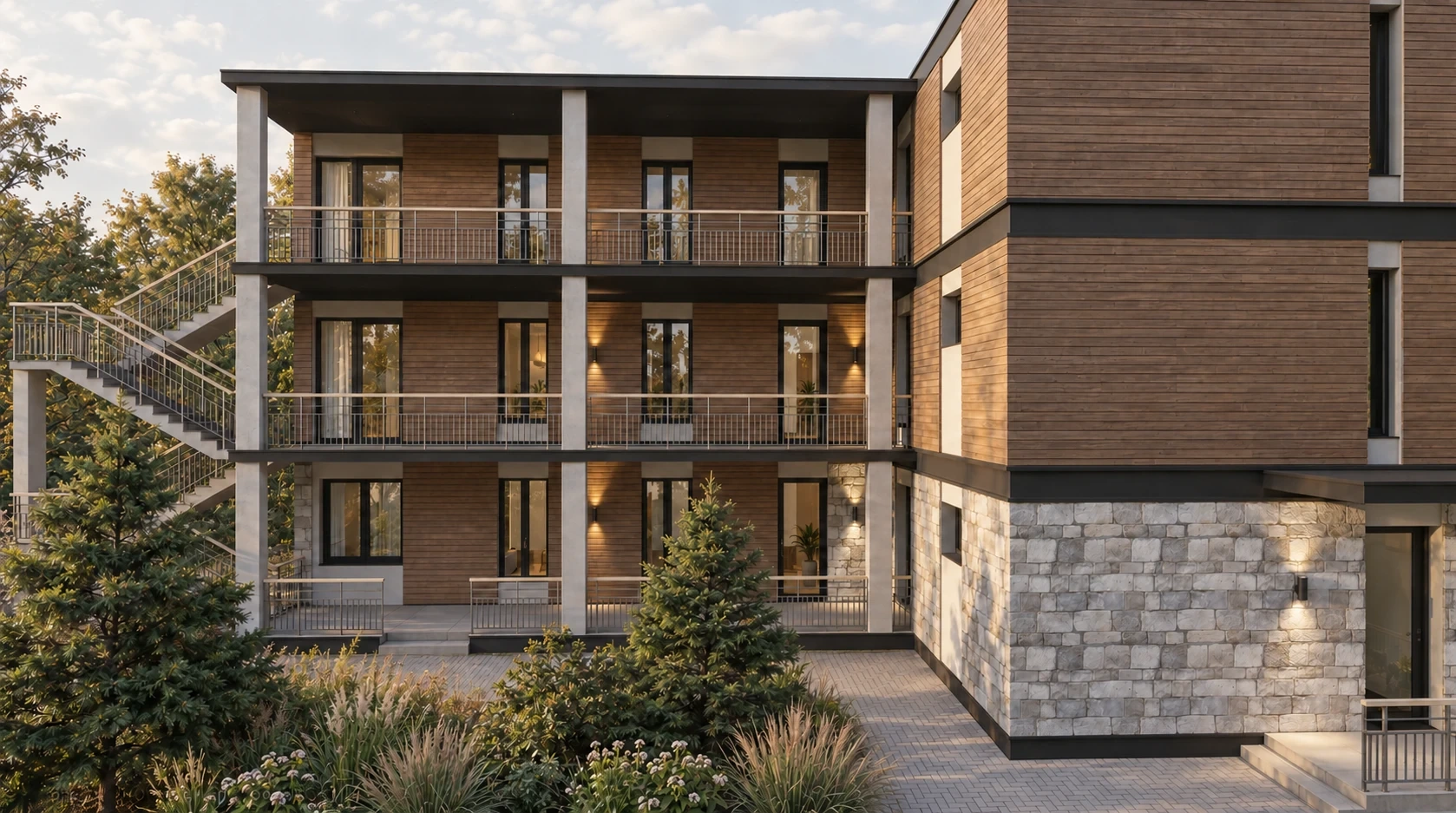Courtyard elevation: access galleries, external staircase and contrasting facade materials