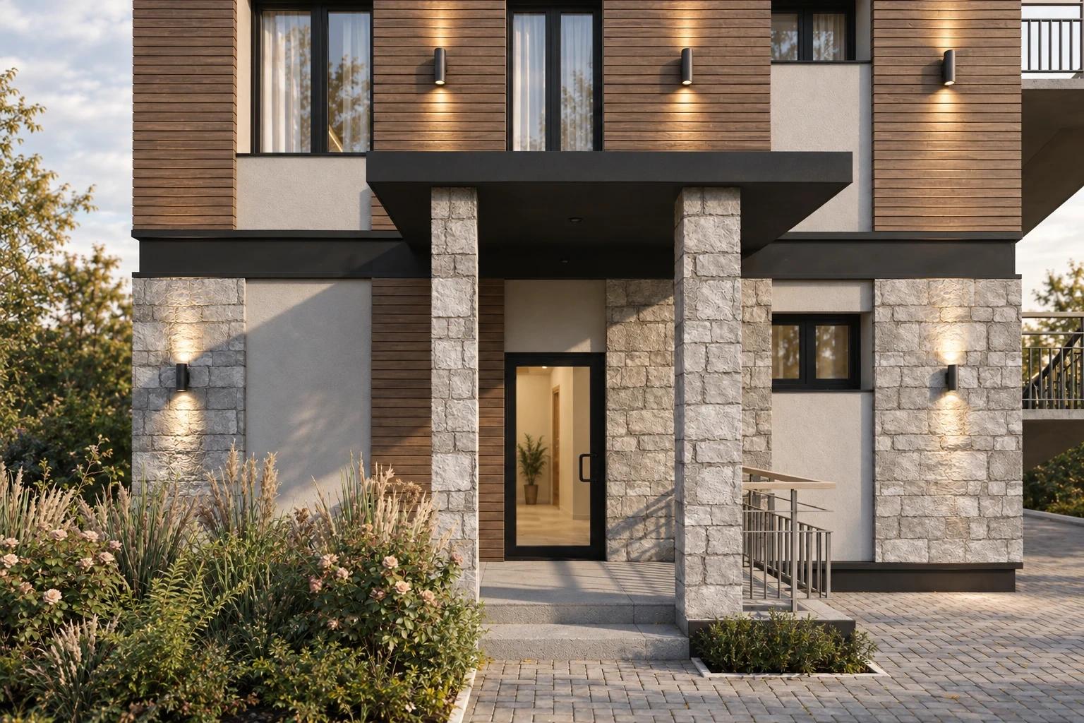 Entrance: pale stonework, dark canopy, lighting and planting