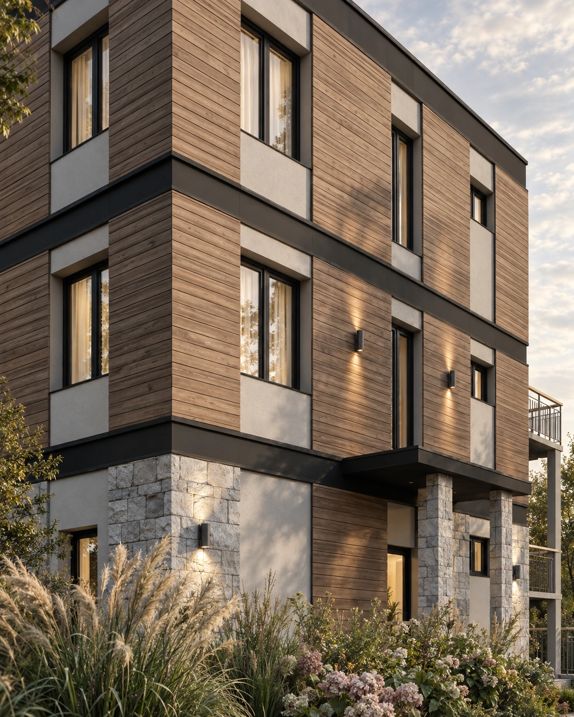 Building corner detail: pale stone, horizontal brown cladding and dark bands